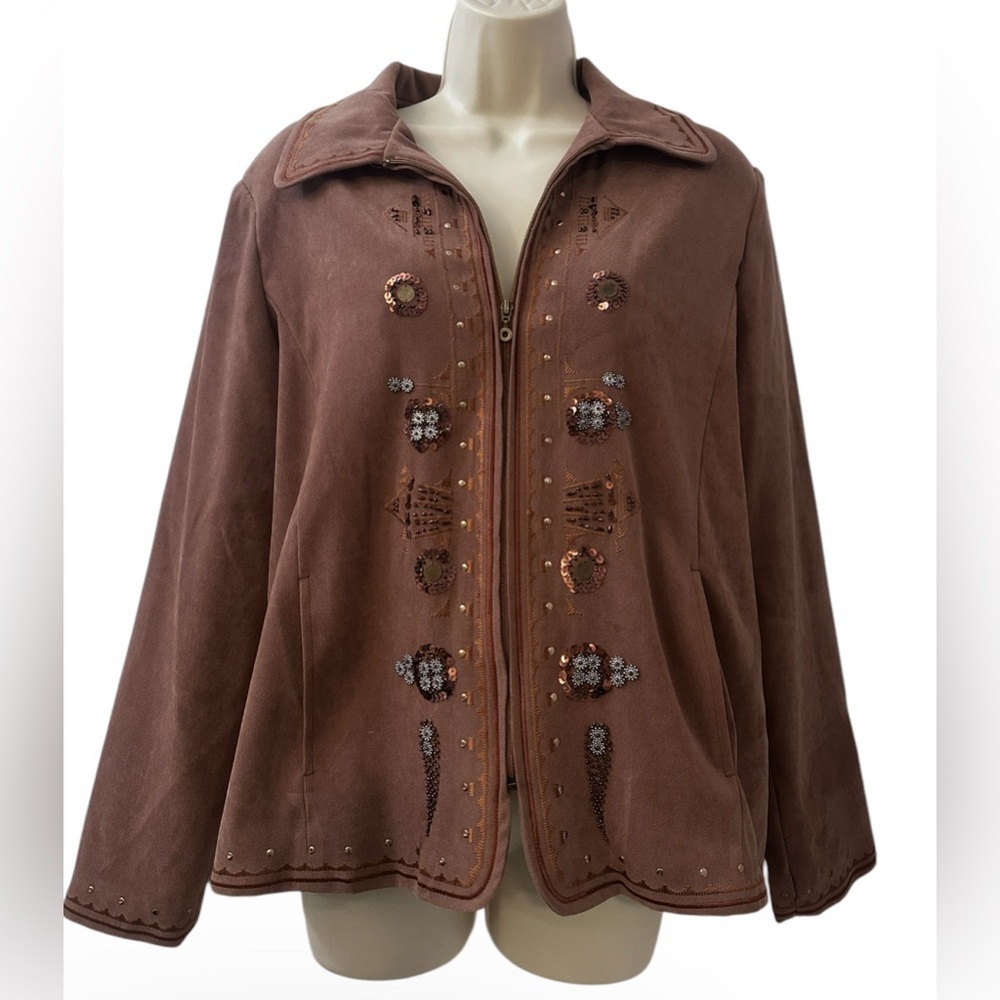 Vintage Allison Daley Women’s 10 Brown Embroidered Zip Jacket Sequins + Pockets